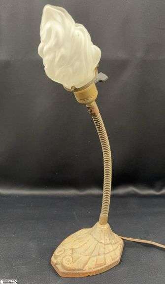 Vintage Adjustable Desk Lamp w/ Frosted Flame Glass Shade - Some wear - 18" as sits image