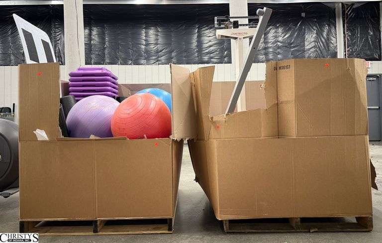 TWO Gaylords of Exercise Items, Yoga Balls, Aerobic Steppers, Foam Rollers, Padded Bars, Floor Mats, Detecto Scale-Has Bend On Top, Wireless Speaker, Boom Box Radio, Ultra Slider image