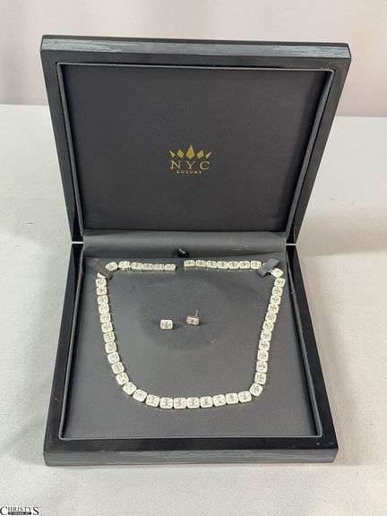14 KT White Gold and Diamond Necklace In Black Box Marked NYC Luxury and Matching Earrings.  This necklace needs repair. image
