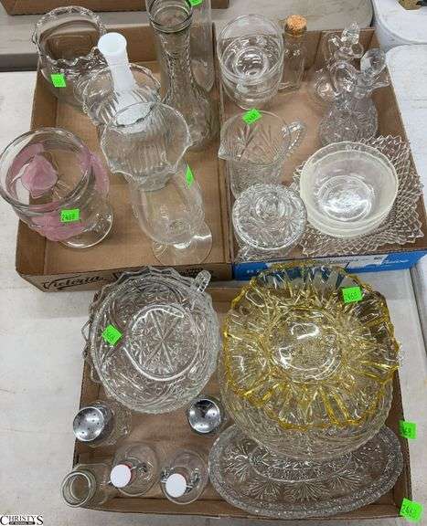 Oil and Vinegar Bottles, Salt and Peppers, Relish, Rose Frosted Vase, Etched Footed Vase, Clear and Yellow Glass Dishes image