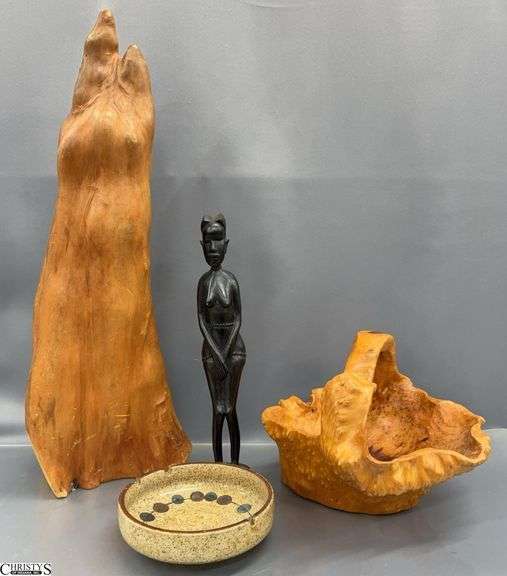 Carved WoodCypress Root Piece, Carved Aboriginal Figure, MCM Ashtray - 22" T of largest image