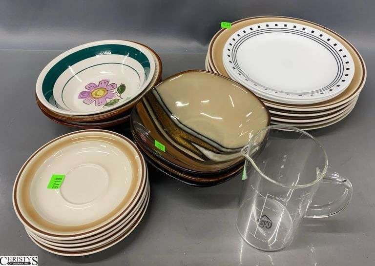 Brown and Tan Color Dinner Ware, Clear Glass Measure, Bowls Some Chips image
