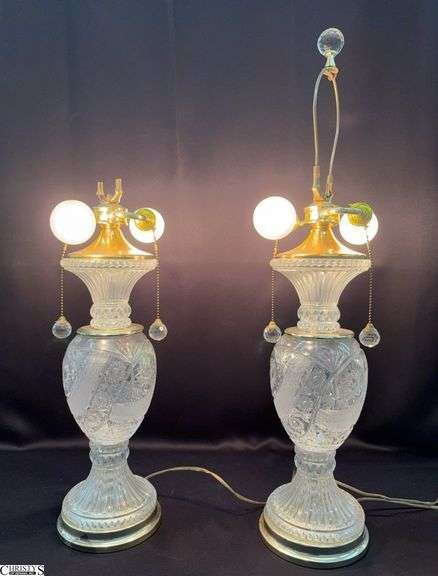Pair Crystal Table Lamps - 21" to socket - 1 lamp missing harp image