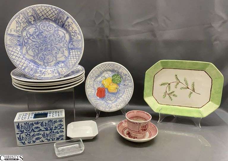 Blue and White Dishes, Platter, Cup and Saucer, Asian Cut Flower Vase, Dinner Plate 10.5" image