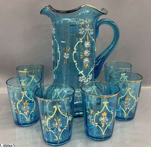 Hand Painted Blue Ribbed Pitcher and 6 Glasses - 10" of pitcher image