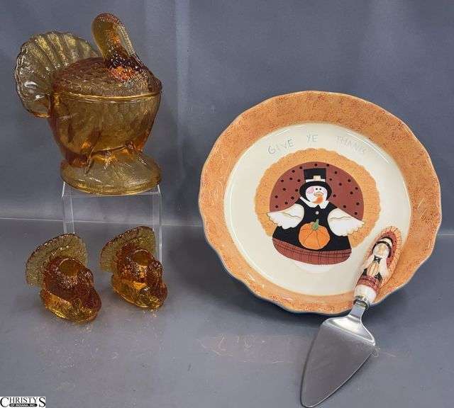 Amber Glass Lidded Turkey, Candlesticks, Thanksgiving Pie Plate and Server - 10" of pie plate image