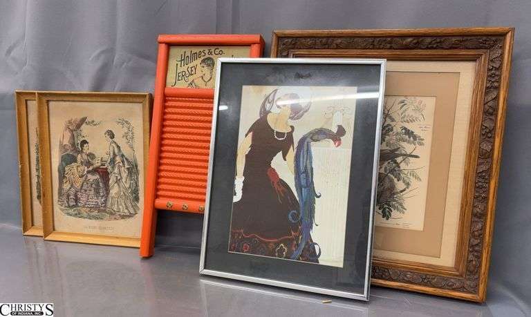 4 Framed Prints and Decorative Washboard - 16" x 18" of largest image