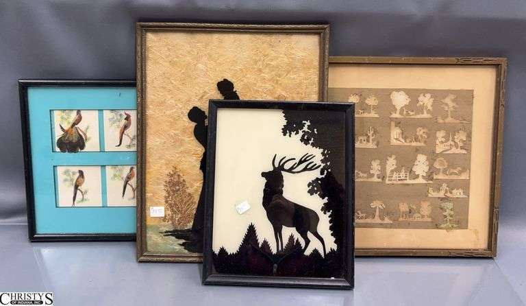 Framed Shillouette, Farm Scene Cutout, and Feather Bird Art - 10.5" x 22" of largest image