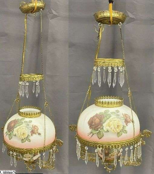 Pair Rose Motif Ornate Victorian Oil Lamp Style Hanging Light Fixtures - 18" x 42" of largest, as hanging - missing prisms image