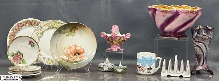 Slag Glass Vase, Porcelain Baskets and Gilt Lined Bowl, China Plates - 10" x 5" of bowl image