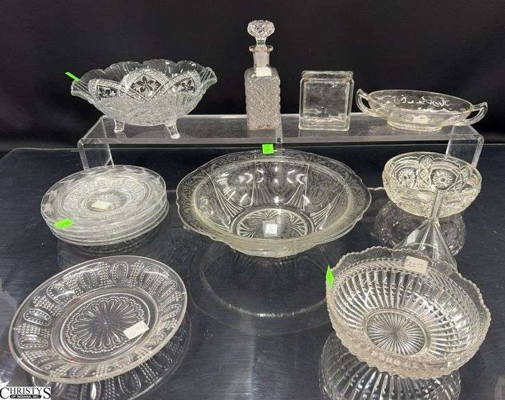 Etched Glass Saucers, Pressed Glass Bowls, Misc Dishes - 10" of largest image