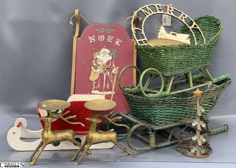 Christmas Decor - Wicker Sleighs, Brass Reindeer Candlesticks, Decorative Wooden Sign and Sleigh - 18" of largest image