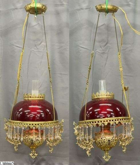 Pair Ornate Red Glass Shade Victorian Brass Oil Lamp Style Hanging Light Fixtures - 18" x 42" of largest, as hanging - missing prisms image