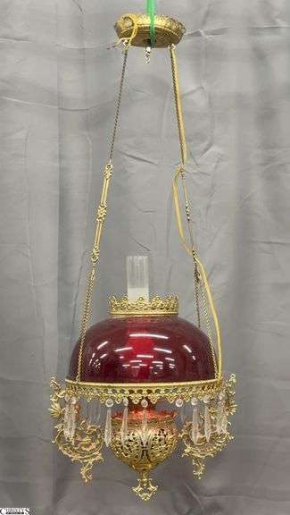 Victorian Oil Lamp Style Red Glass Hanging Light Fixture - 19" x 36" approx overall - missing some prisms image