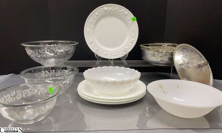 Nesting Mixing Bowls, Aluminum Serve Ware, Milk Glass Dinner Plates, Some Chips image