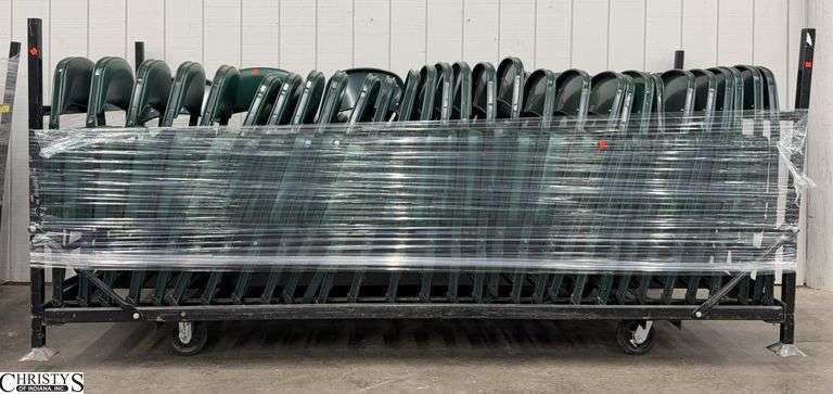 63 Green Padded Chairs Approx With Rack *Has Broken Leg See Photos, On Wheels image