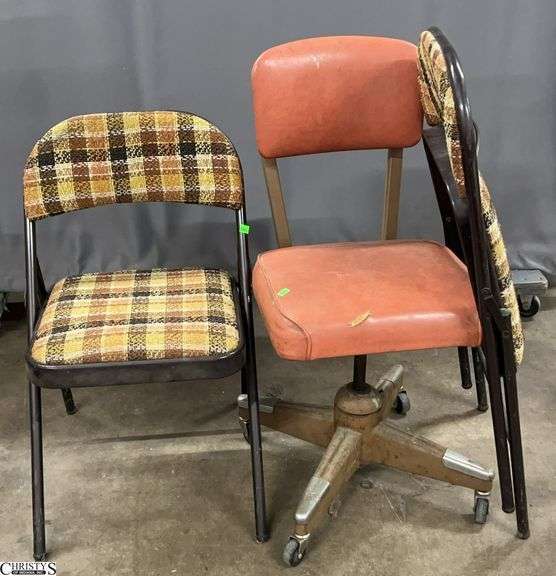 3 Pcs 2 Folding Chairs And Vintage Rolling Shop Chair image