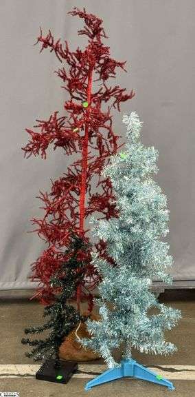 3 Artificial Christmas Trees - Red, Light Blue, Black/Green - 60" of tallest, some wear image