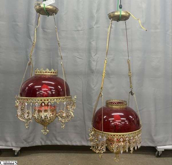 Pair Red Glass Motif Ornate Victorian Oil Lamp Style Hanging Light Fixture - 18" x 42" of largest, as hanging - missing prisms, some minor color scratching on shade image