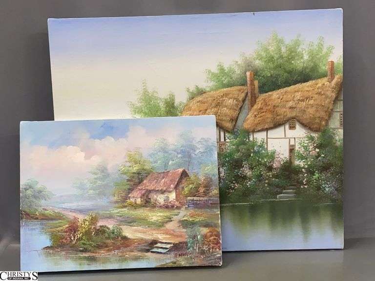 2 Paintings On Canvas Cottages on Water, One Signed Marten 24x20" Smaller  G. Moore image