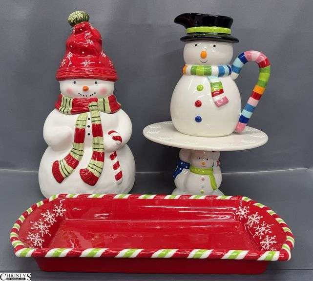Snowman Cookie Jar, Pitcher, Cake Stand, Snowflake Tray - 16" of tallest image