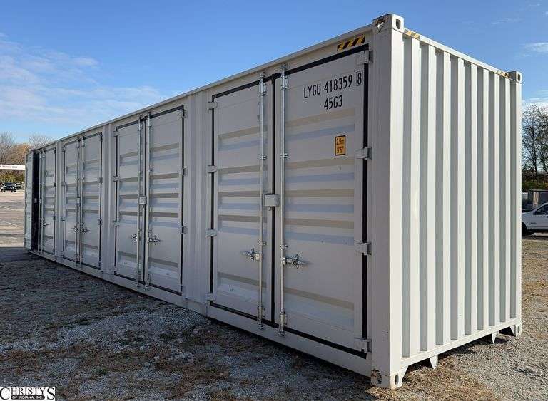 Single Use 40FT High Cube Four Multi doors Container. Details: Four Side Open Door, one end door, lock box, Measures 8FT Wide, 40FT Long, 113"Tall.  Side Door Opening Measurement: 92" W x 100" T x 88" Deep, Weight 9,500lbs. image
