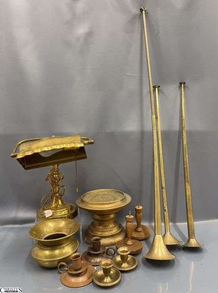 Brass Desk Lamp, Brass Horns, Small Spittoon, Candlesticks - 35" of largest image