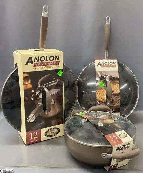 3 Anolon Advanced Bronze Collection, 11" Covered Deep Round Grill, 12" Covered Deep Skillet, 3.5qt Covered Casserole image