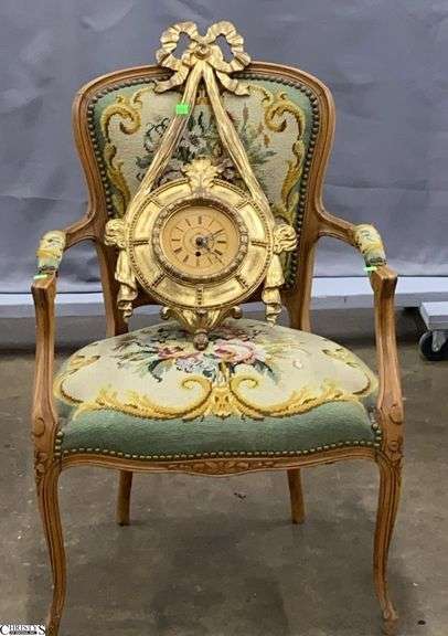 French Needlepoint Chair and Wall Clock - 23" x 33" - 16" seat of chair image