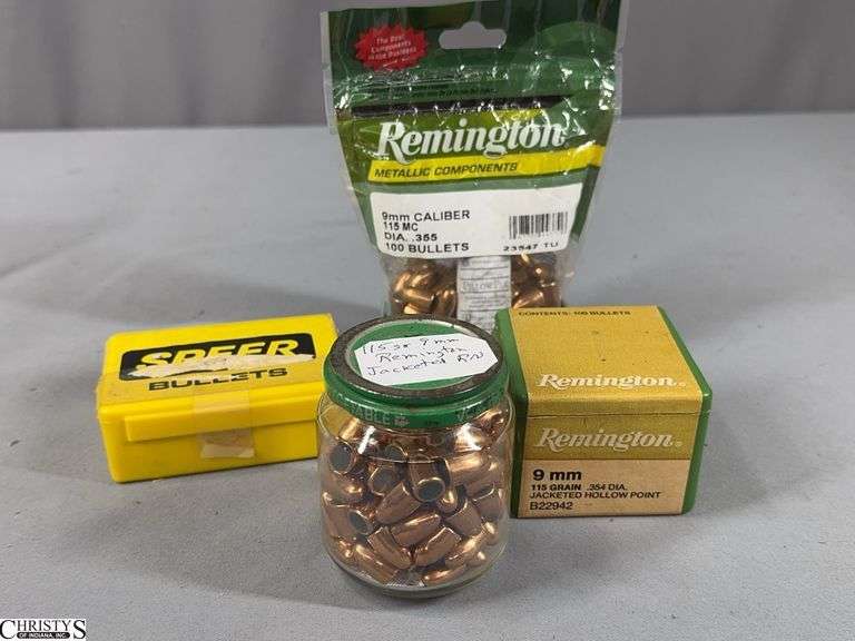 9mm Bullets- Box of 100 Remington 9mm Caliber, Jar of 9mm 115 GR Remington Jacketed RN, Partial Box of Speer 9mm Cal. 100 GR and a Remington Green Box with 3 9mm Bullets 115 GR image