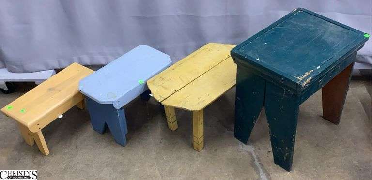 4 Wood Primitive Style Stools - 17" x 13" x 18" of largest image