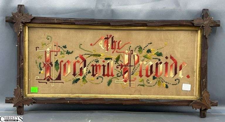 "The Lord Will Provide" Framed Antique Paper Punch Embroidery in Adirondack Frame - 25" x 13" image