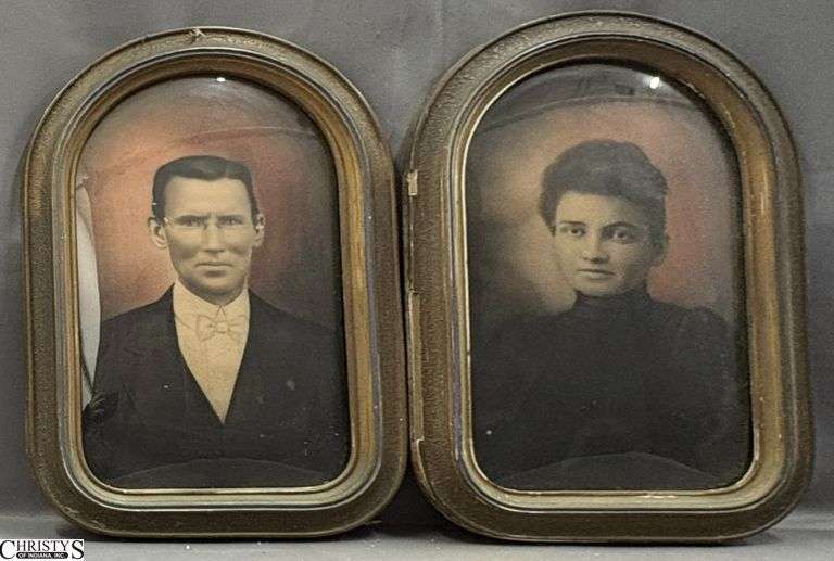 Pair Antique Convex Glass Framed Portrait Photos - 15" x 23" of each - some edge wear/chipping image
