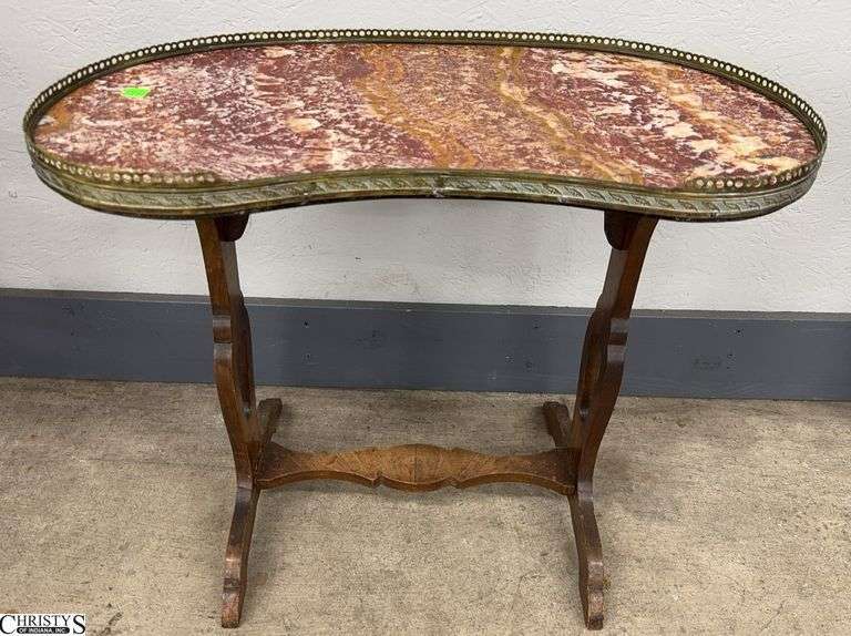 Kidney Shaped Mineral Top With Brass Gallery Accent Table, Shows Age 24.5x12.5x20" Tall image