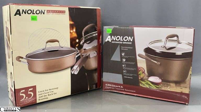 2 Anolon Advanced Bronze Series, 4.5qt Covered Tapered Saucepot and 5.5qt Covered Sauteuse With Rack image