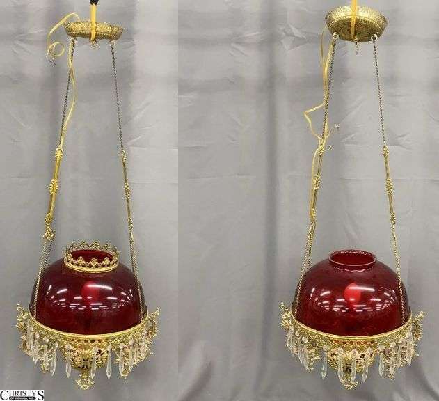 Pair Red Glass Motif Ornate Victorian Oil Lamp Style Hanging Light Fixture - 18" x 42" of largest, as hanging - missing prisms, some minor color scratching on shade image
