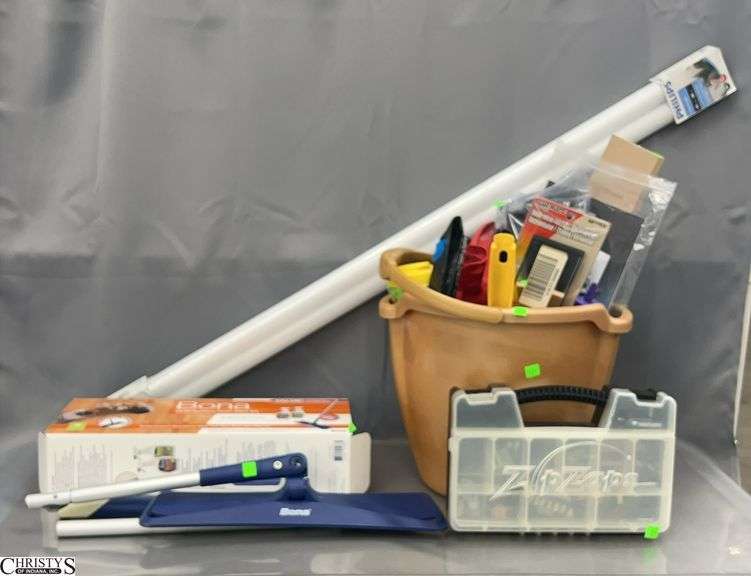 Cleaning Bucket and Assorted Cleaning Supplies, Light Bulbs, Hardware Organizer, Misc image