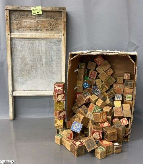 Assorted Wooden Blocks, Wash Board - 24" x 12" of washboard image