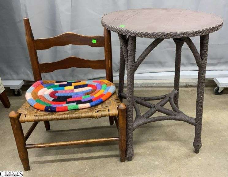 Antique Woven Chair Some Wear 21x15x28", Seat Height 12" and Painted Table image