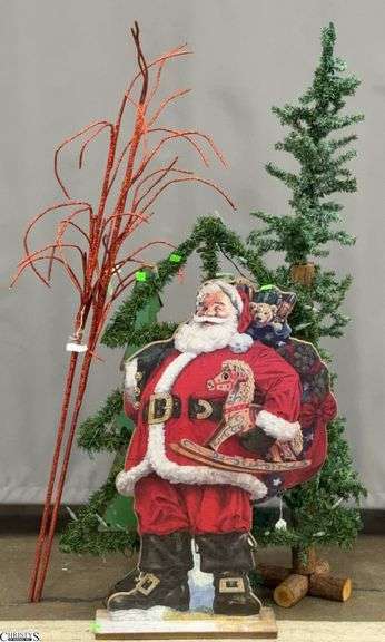 Santa Pressed Board Decor, Metal Christmas Tree, 3 Artificial Christmas Trees, Red Stick Filler  - 50" of tallest image