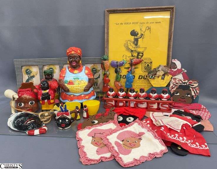 Black Americana Spice Jars, Wall Light, Wall Pocket, Measuring Spoons, Cookie Jars, Prints, Misc - 18" x 13" of largest frame image