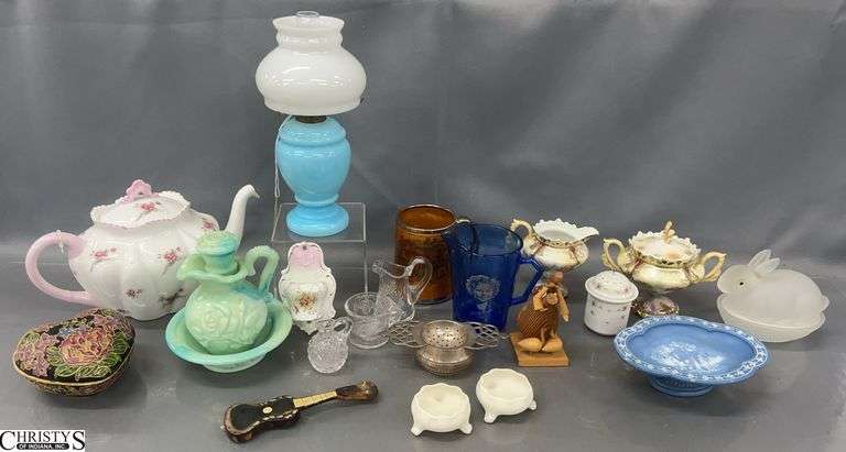 Teapot, Cream and Sugar, Small Glass Lantern, Misc Decor - 9" of lantern image