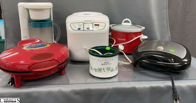 6 Small Appliances, Quesadilla Maker, Crock Pot, Sandwich Maker, Iced Tea, Bread Maker image