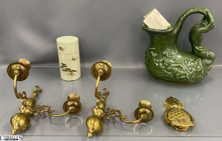 Shi Wan Ware Style Figural Ceramic Pitcher, Brass Candle Sconces, Asian Influence Metal Canister - 11" x 10" of pitcher image