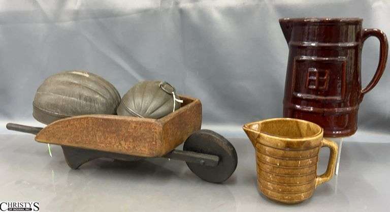 Primitive Decor Group - Molds, Crock Pitchers, Wooden Wagon - 20" of wagon image