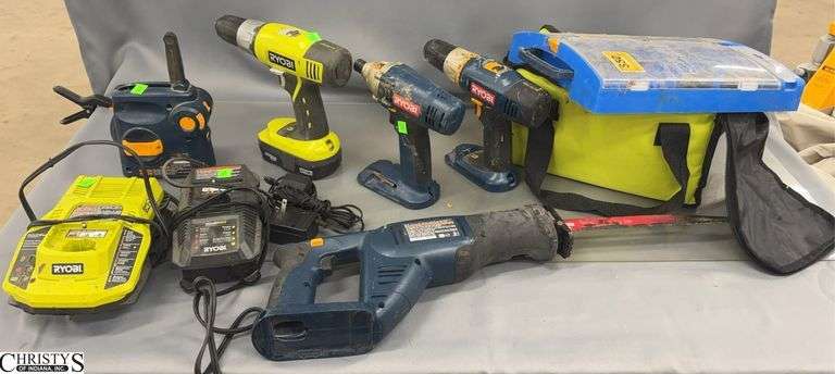 Ryobi Blue and Green, Recip Saw, Drivers, Drill Bits, Chargers and 1 Battery image