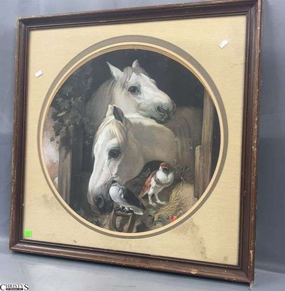 "Horses by a Stable Door" Framed Print after John Frederick Herring - 26" x 26", wear scuffing to frame, damage to matting under glass image