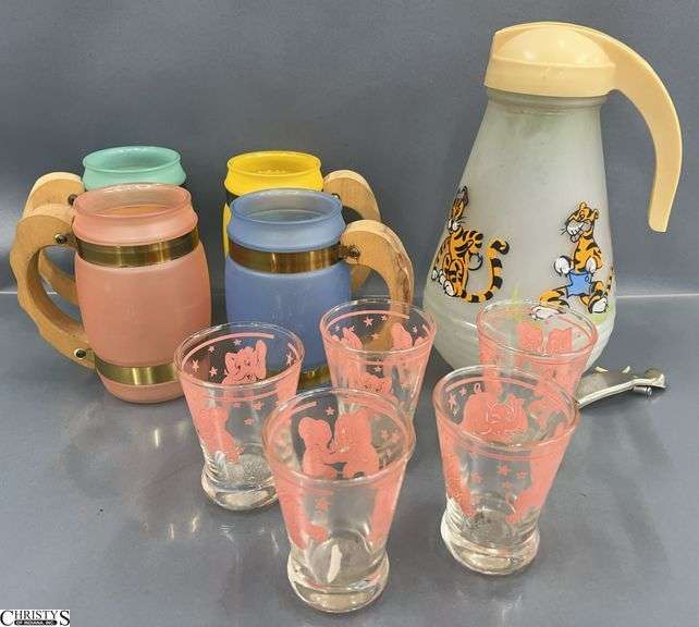 MCM Frosted Glass Mugs, Elephant Printed Glasses, Tiger Theme Glass Pitcher - Stopper of pitcher is damaged - 9" of pitcher image