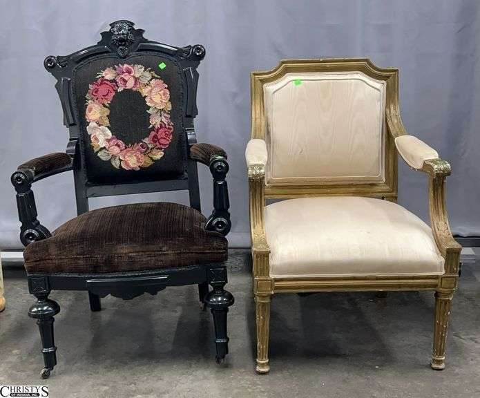 Pair of Accent Chairs Painted Cloth and Needlepoint Measures 25x20x41 with a 18" Seat Height image