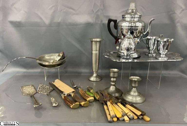 Silverplate,  Coffee Pieces, Serving Utensils, Antler Carving Set, Pewter Vase, Candlesticks, Misc - 16" of tray image